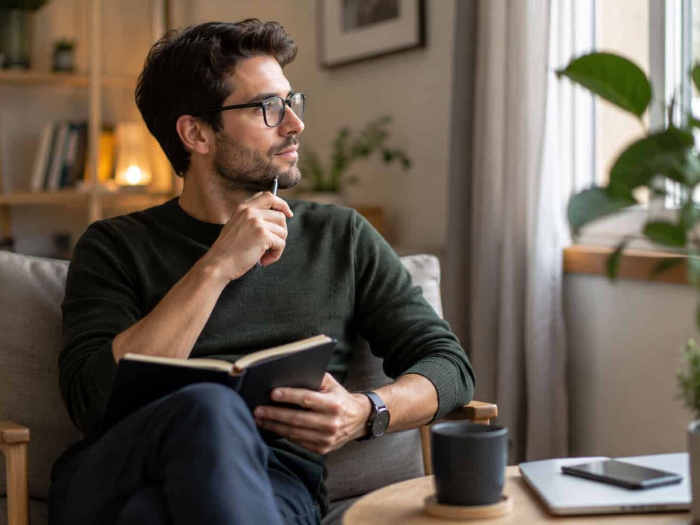 A man sits thoughtfully with a journal and pen, reflecting on symptoms before booking an adult ADHD assessment.