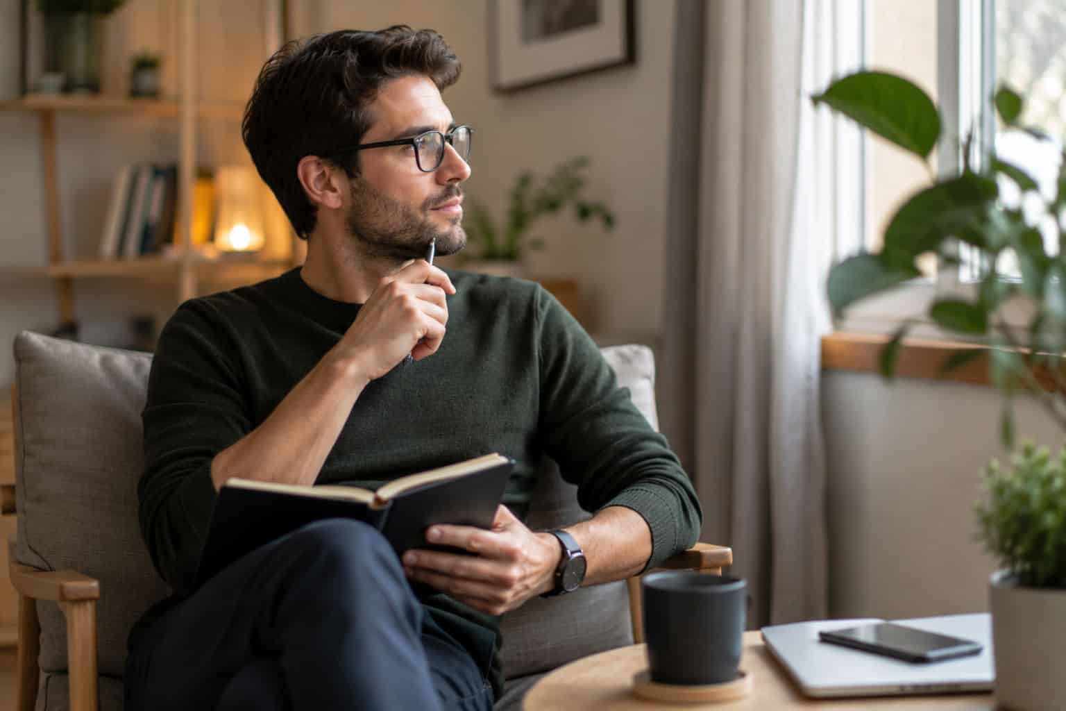 A man sits thoughtfully with a journal and pen, reflecting on symptoms before booking an adult ADHD assessment.
