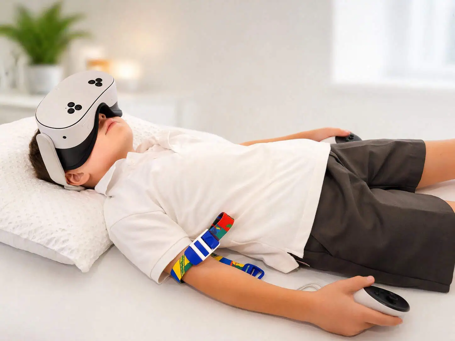 Young boy wearing a tourniquet and wearing a VR headset awaiting a blood test at Shire Family Medical
