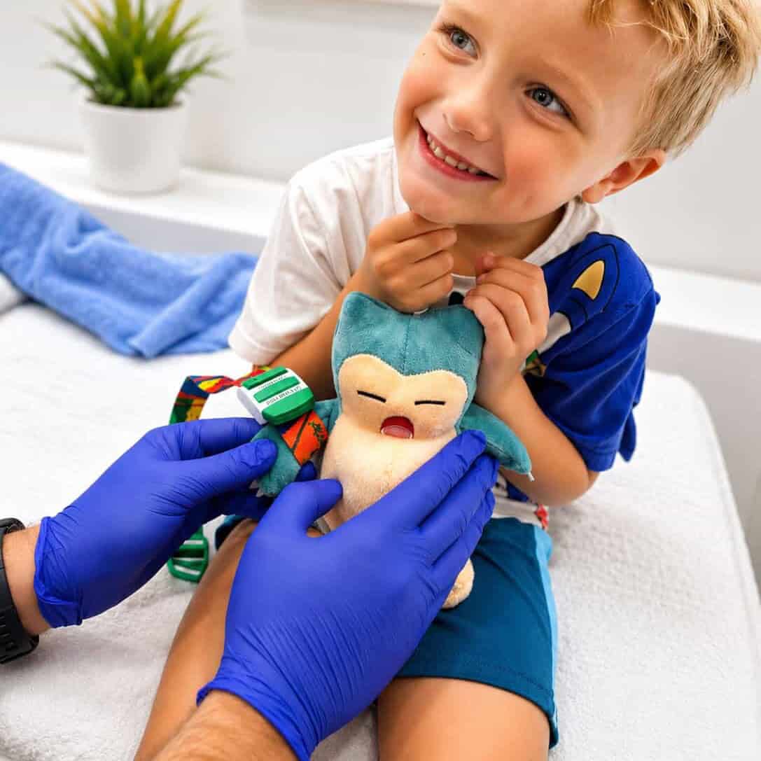 Smiling boy holding a soft toy during a calm blood test at the BRAVE Clinic, Shire Family Medical, Sutherland