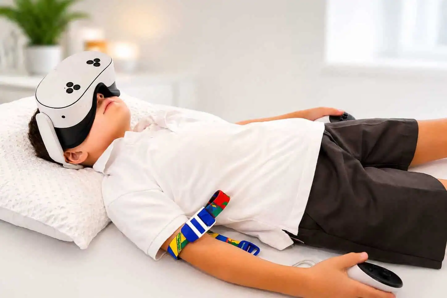 Young boy wearing a VR headset and tourniquet during a blood test at the BRAVE Clinic, Shire Family Medical, Sutherland