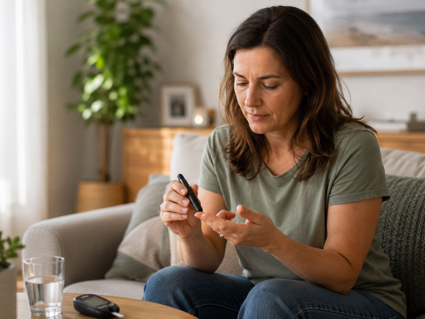Woman at home tracking blood glucose readings as part of her chronic disease management plan for diabetes.