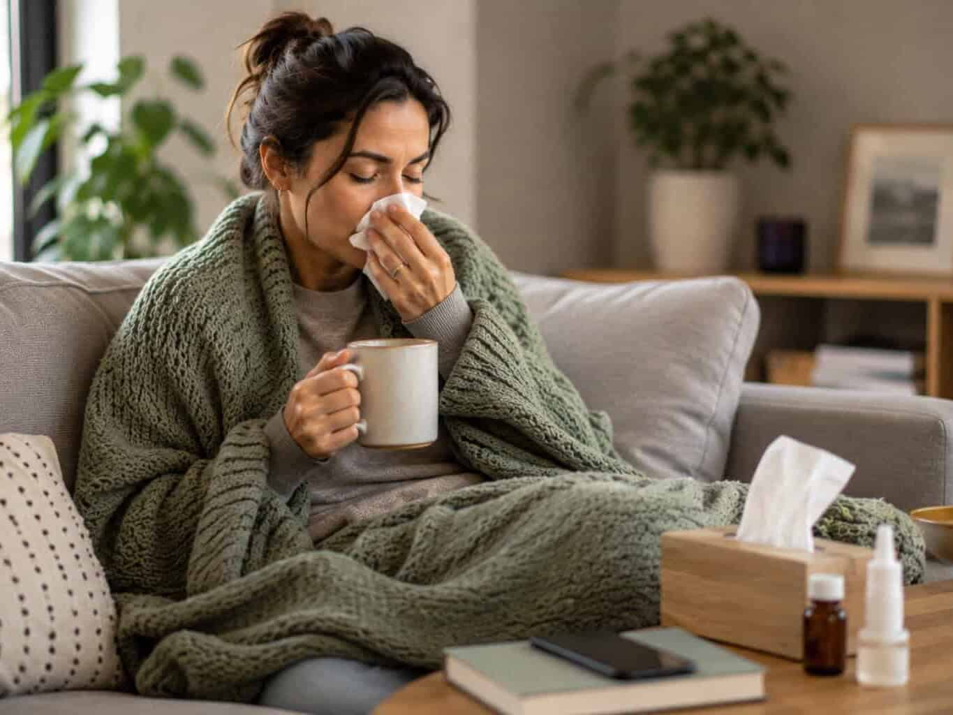 Adult woman wrapped in a blanket blowing her nose on the couch, showing cold or flu symptoms that may need a GP visit.
