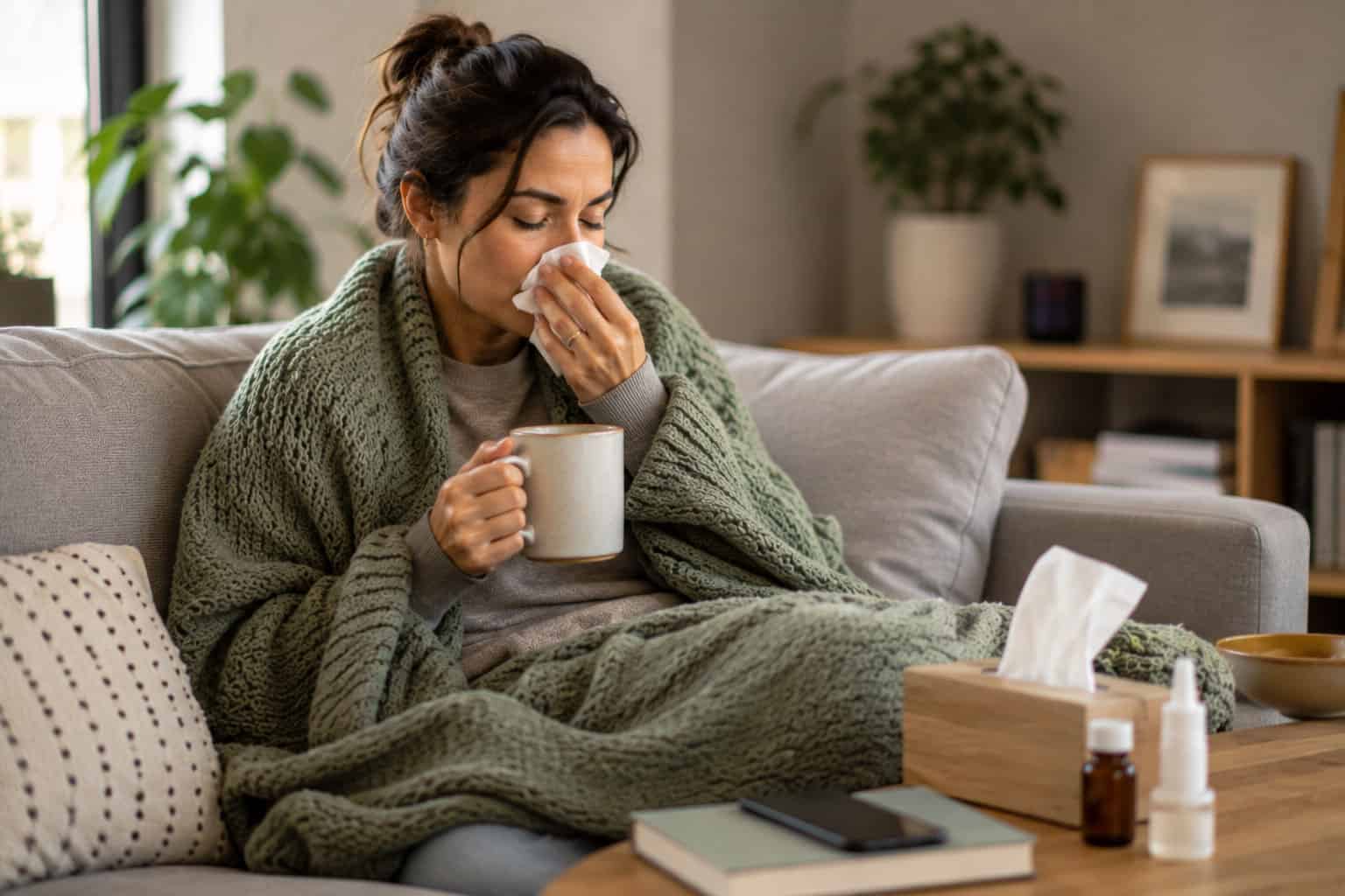 Adult woman wrapped in a blanket blowing her nose on the couch, showing cold or flu symptoms that may need a GP visit.