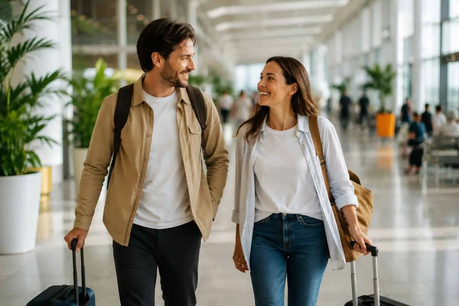 Smiling couple walking through the airport with luggage, ready for their trip to Bali after getting their travel vaccinations.