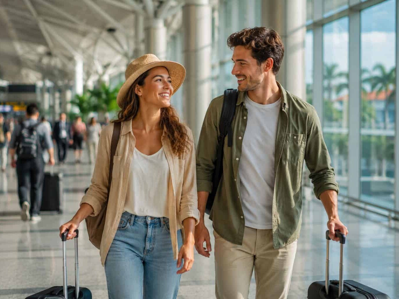 Happy couple walking through a sunny airport terminal with luggage, excited for their trip to Bali after sorting travel vaccinations.