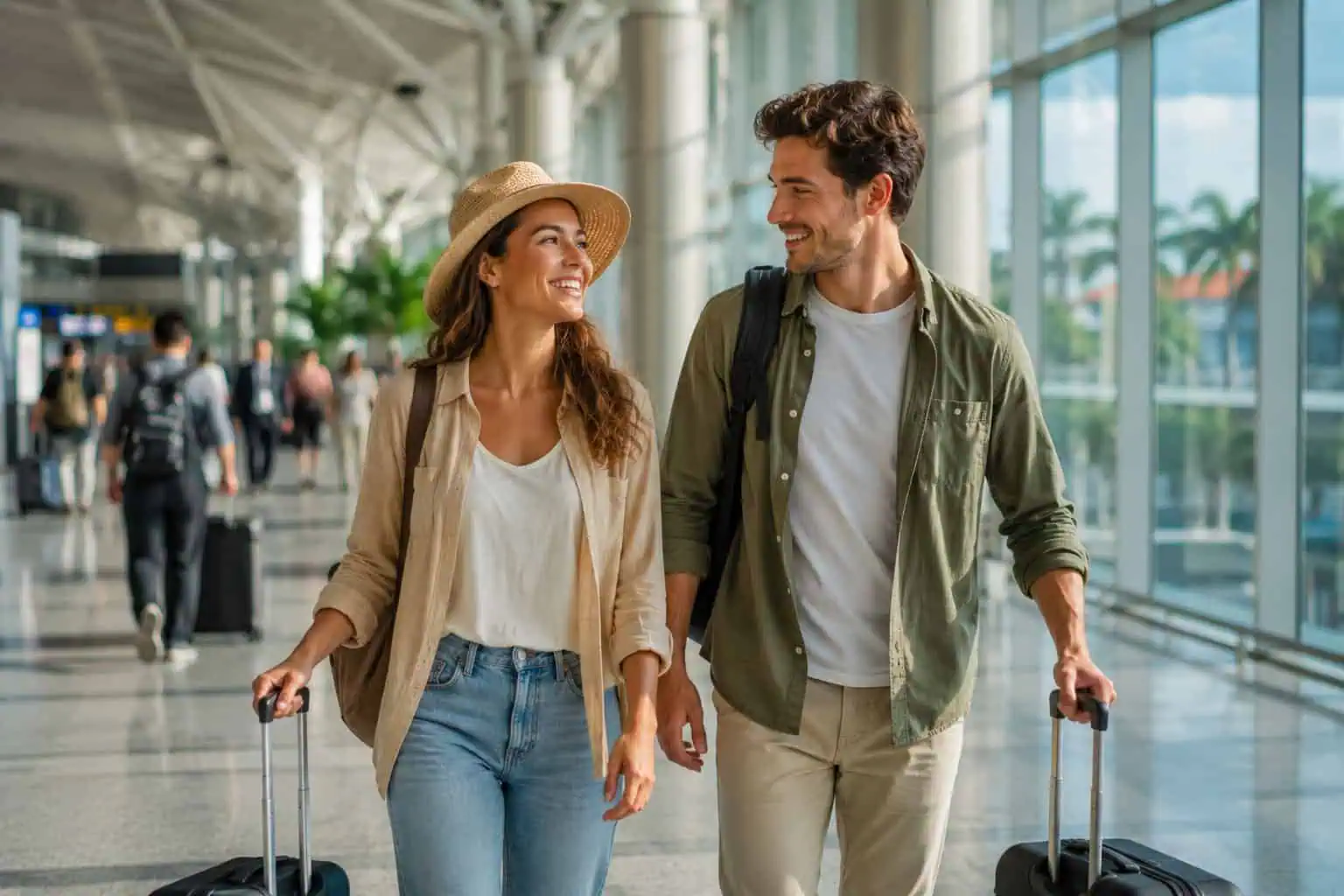 Happy couple walking through a sunny airport terminal with luggage, excited for their trip to Bali after sorting travel vaccinations.