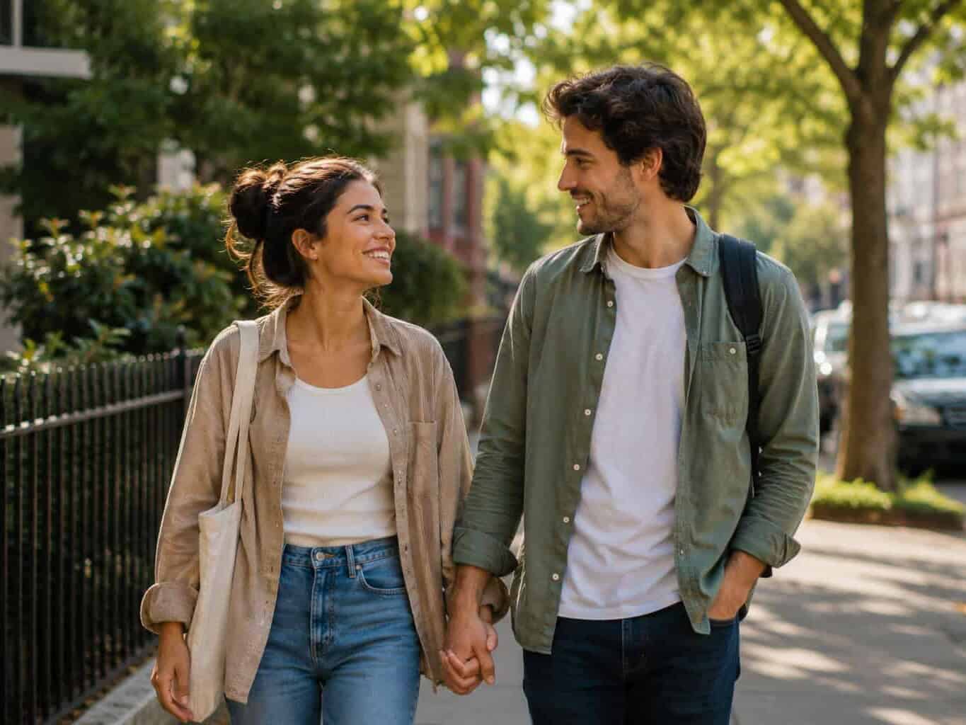 Smiling couple holding hands while walking down a tree-lined city street, representing a conversation about choosing the right contraception option.