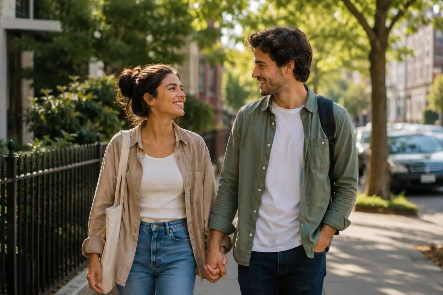 Smiling couple holding hands while walking down a tree-lined city street, representing a conversation about choosing the right contraception option.