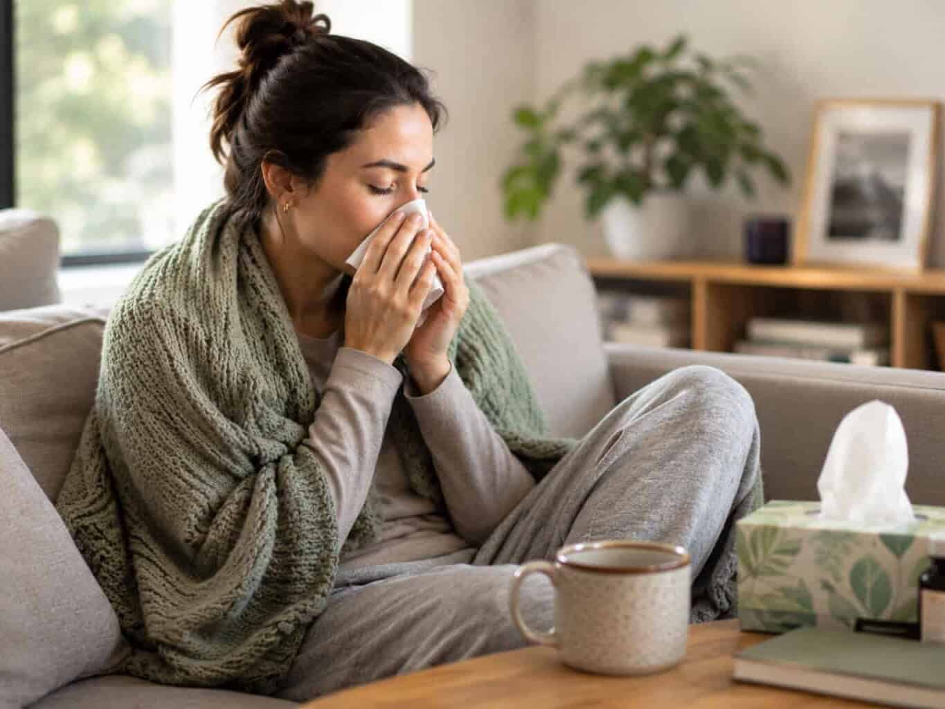 A woman wrapped in a blanket on her couch blowing her nose during flu season, with tissues and a hot drink nearby — illustrating why annual flu vaccination matters.