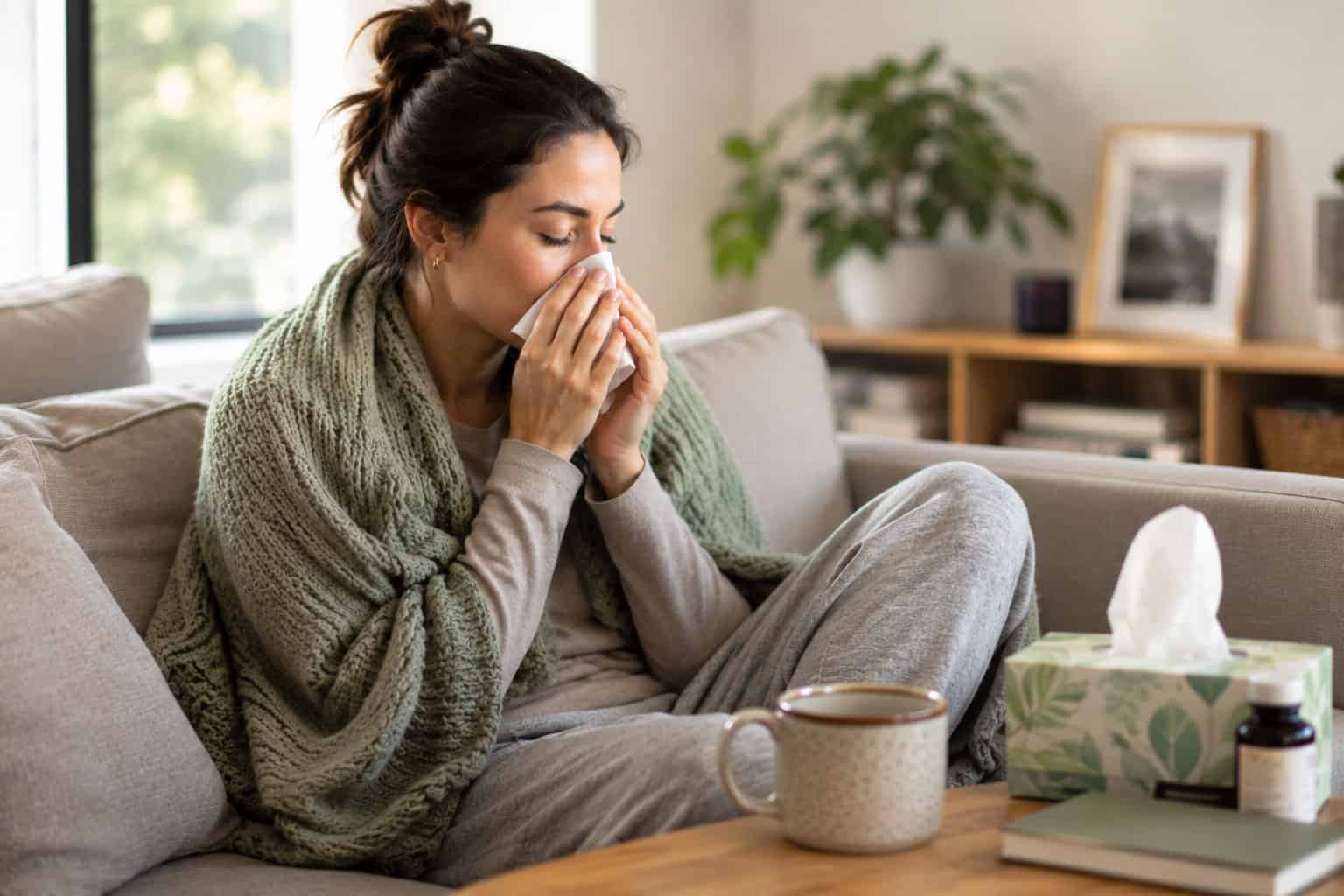 A woman wrapped in a blanket on her couch blowing her nose during flu season, with tissues and a hot drink nearby — illustrating why annual flu vaccination matters.