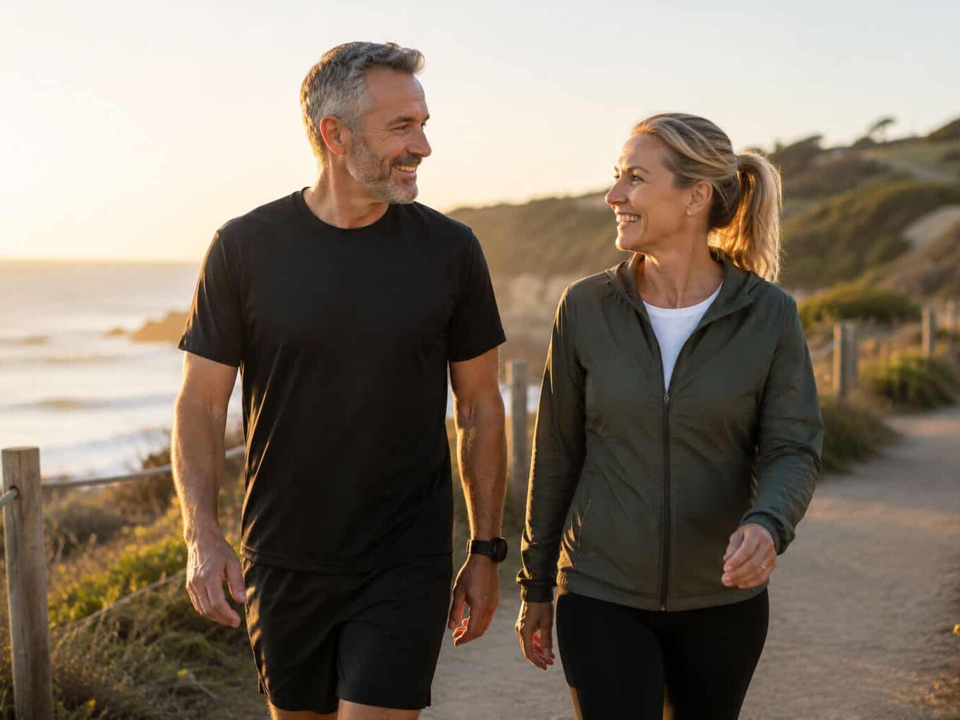 A smiling middle-aged couple walk together on a coastal path, the everyday activity a heart health check helps support.