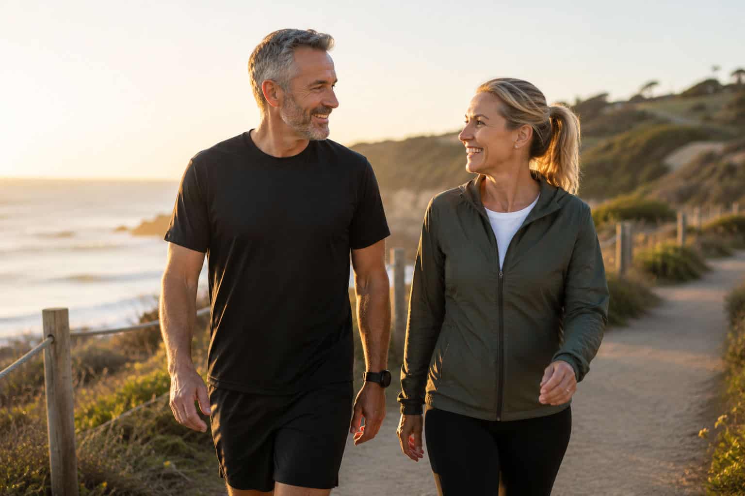 A smiling middle-aged couple walk together on a coastal path, the everyday activity a heart health check helps support.