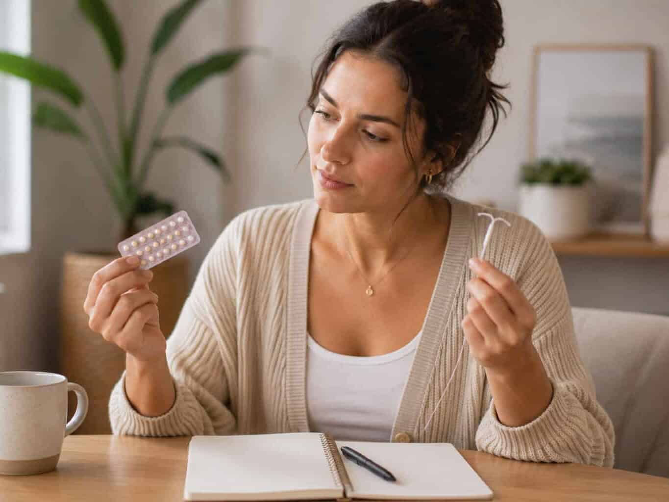 A woman compares an IUD and a pill pack at home while weighing up contraception options with her GP.