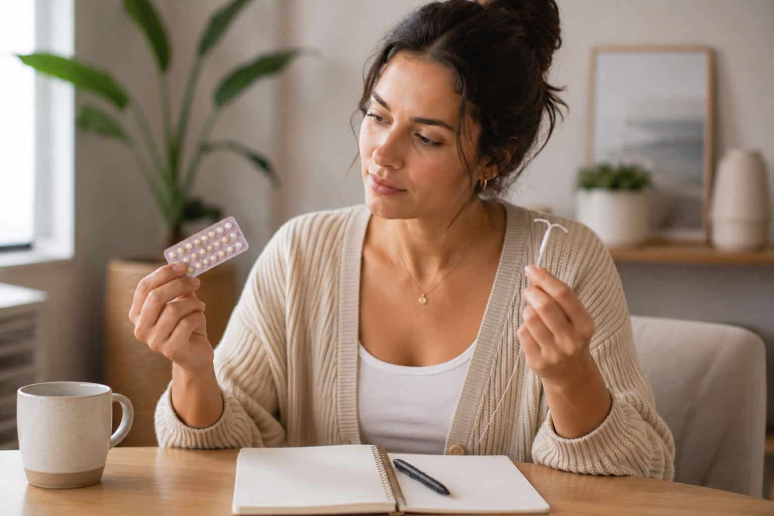A woman compares an IUD and a pill pack at home while weighing up contraception options with her GP.