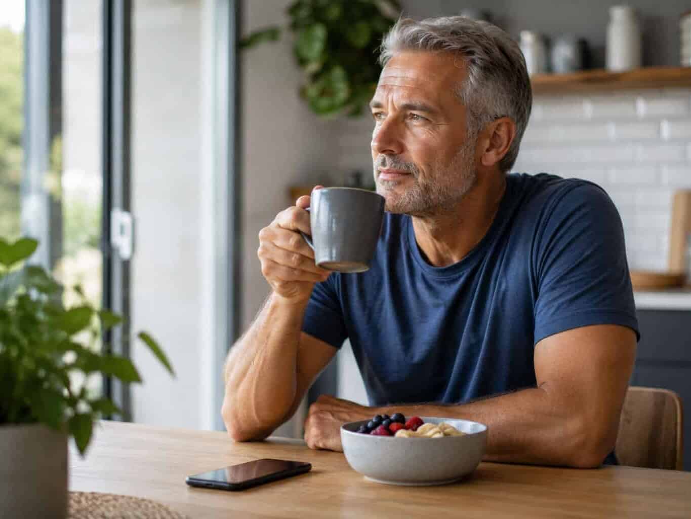 Middle-aged man drinking coffee at the kitchen table with a bowl of fruit, considering fasting requirements before a PSA blood test.