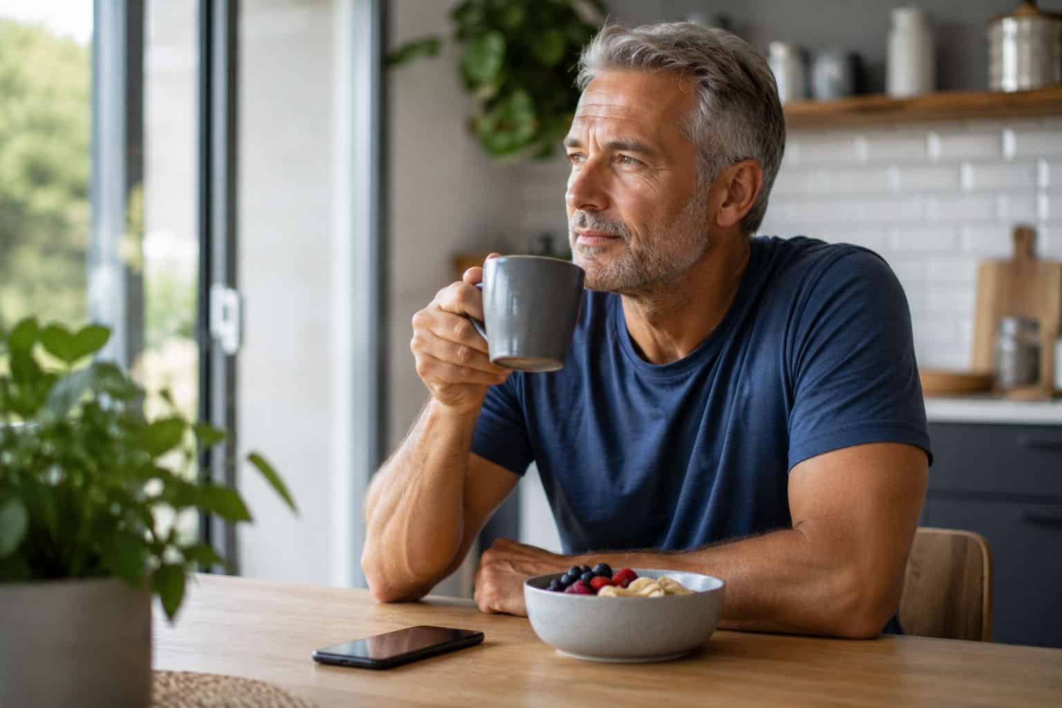 Middle-aged man drinking coffee at the kitchen table with a bowl of fruit, considering fasting requirements before a PSA blood test.
