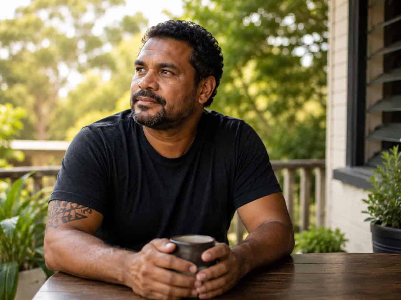 Man sitting thoughtfully on an outdoor deck with a cup of coffee, representing the 715 health check for Aboriginal and Torres Strait Islander people.