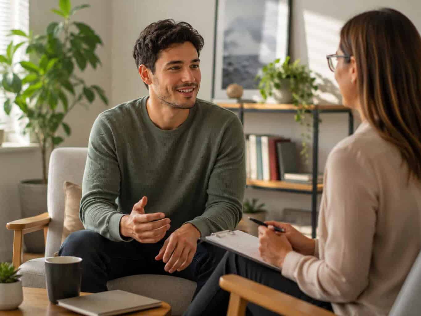 Man talking with his GP during an ADHD medication review, with the doctor taking notes in a relaxed consultation setting.