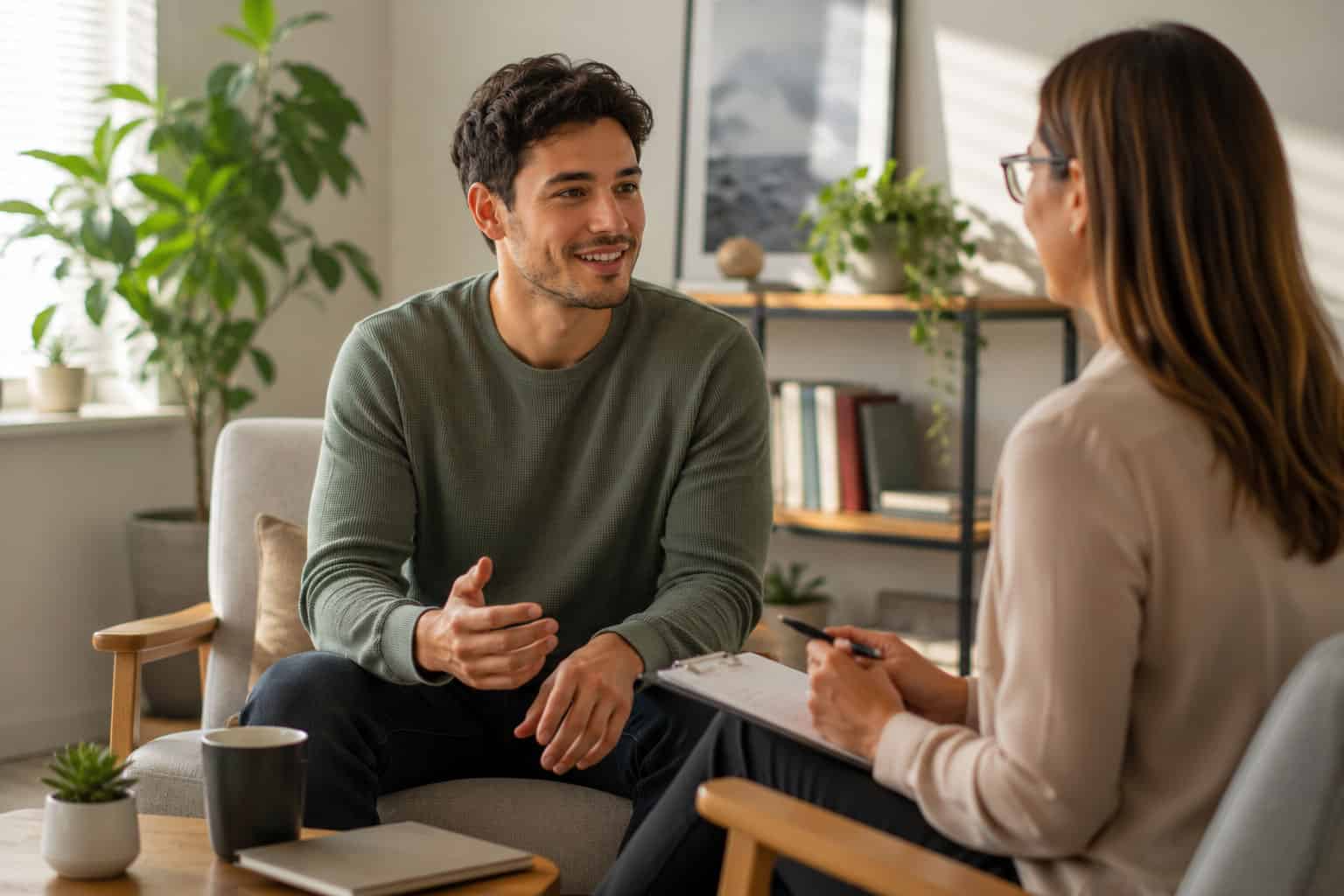 Man talking with his GP during an ADHD medication review, with the doctor taking notes in a relaxed consultation setting.