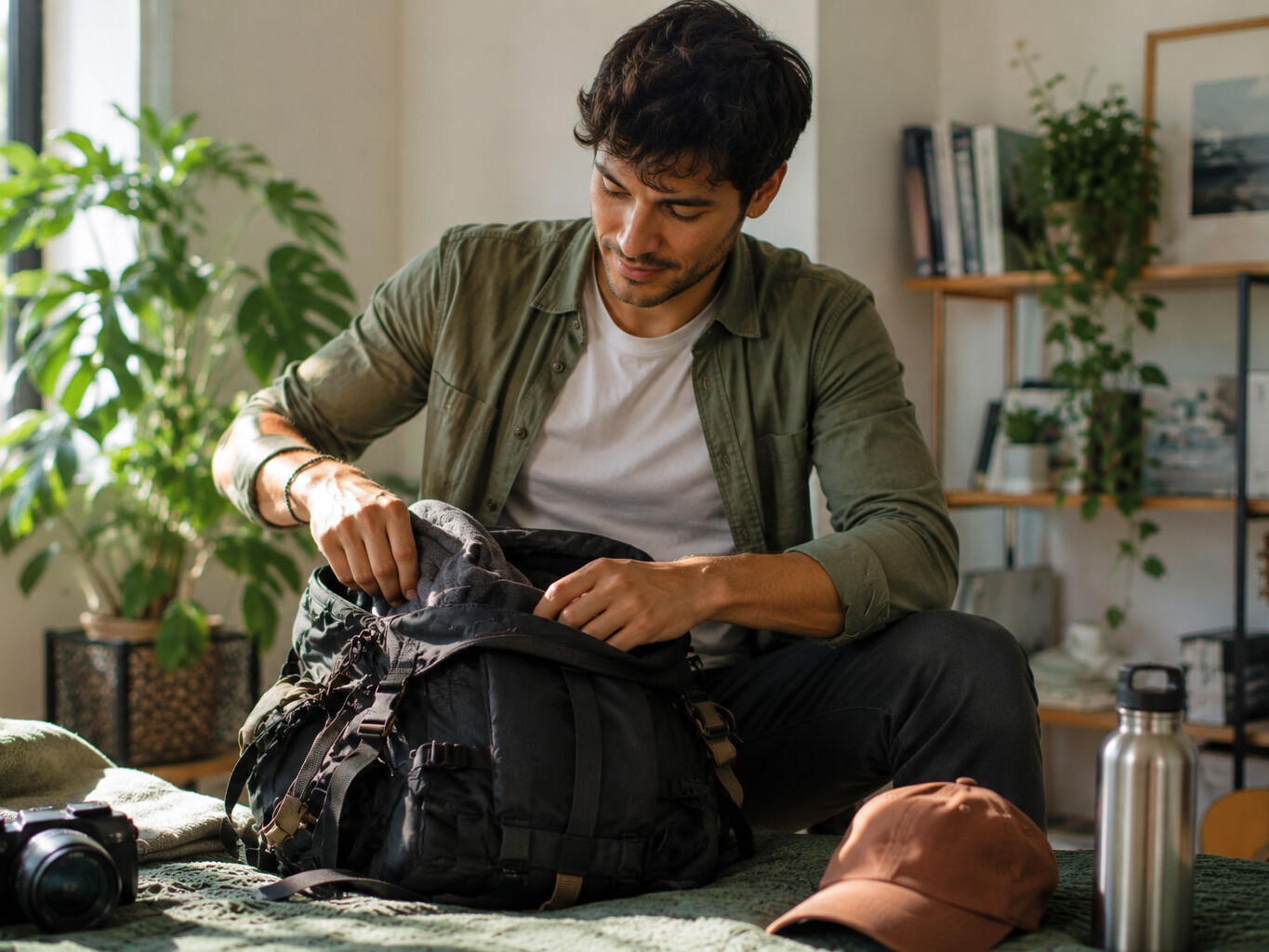 Man packing a travel backpack on his bed before a trip, representing preparation and the need to check yellow fever vaccination requirements before travel.