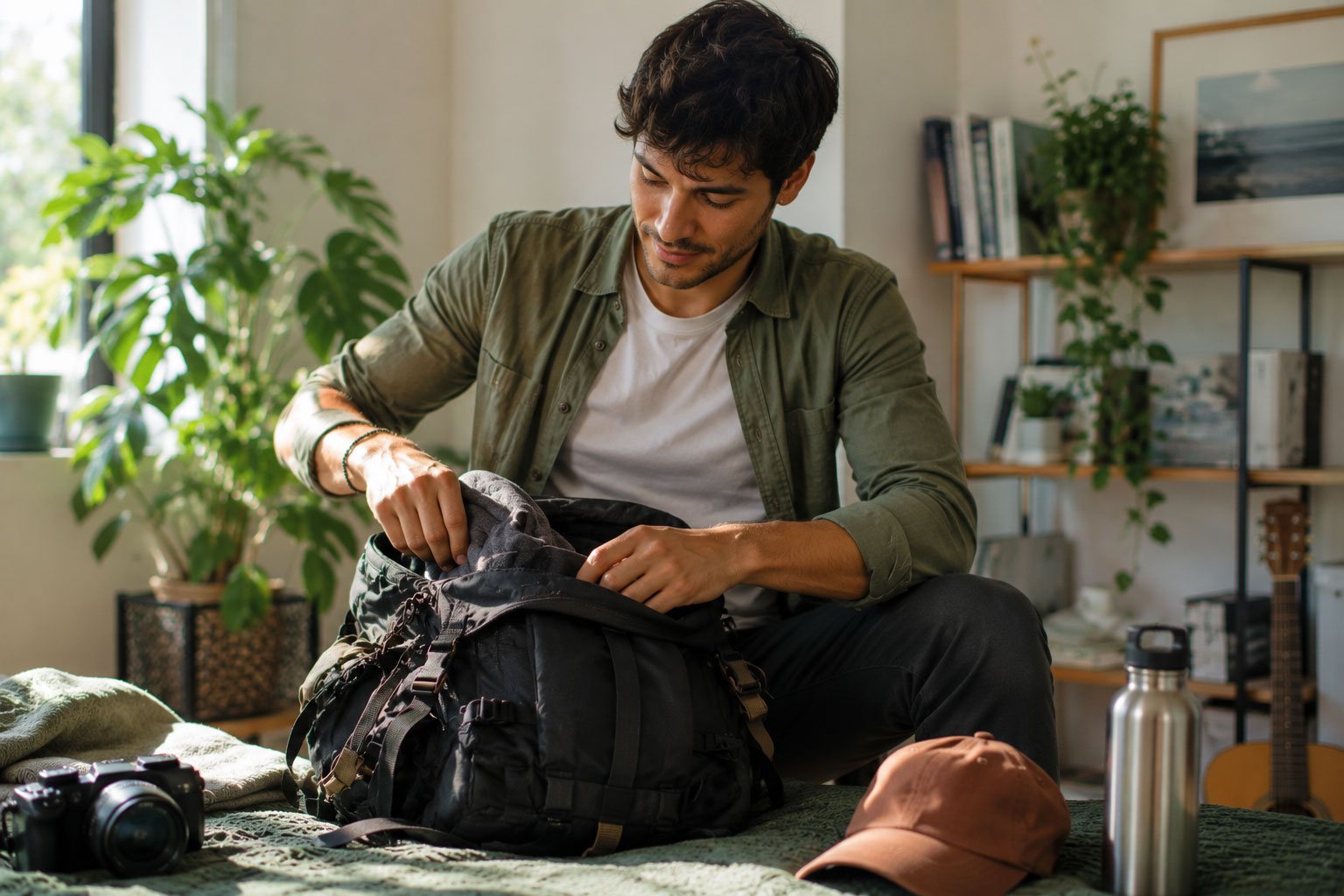 Man packing a travel backpack on his bed before a trip, representing preparation and the need to check yellow fever vaccination requirements before travel.