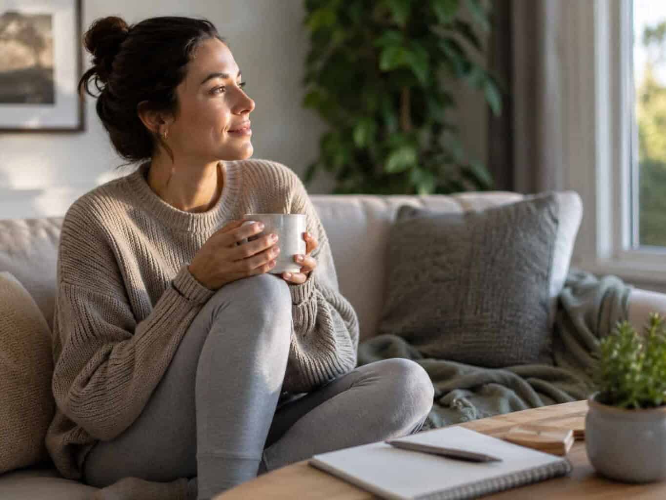 A woman pauses with a cup of tea at home, reflecting quietly before discussing a mental health care plan with her GP.