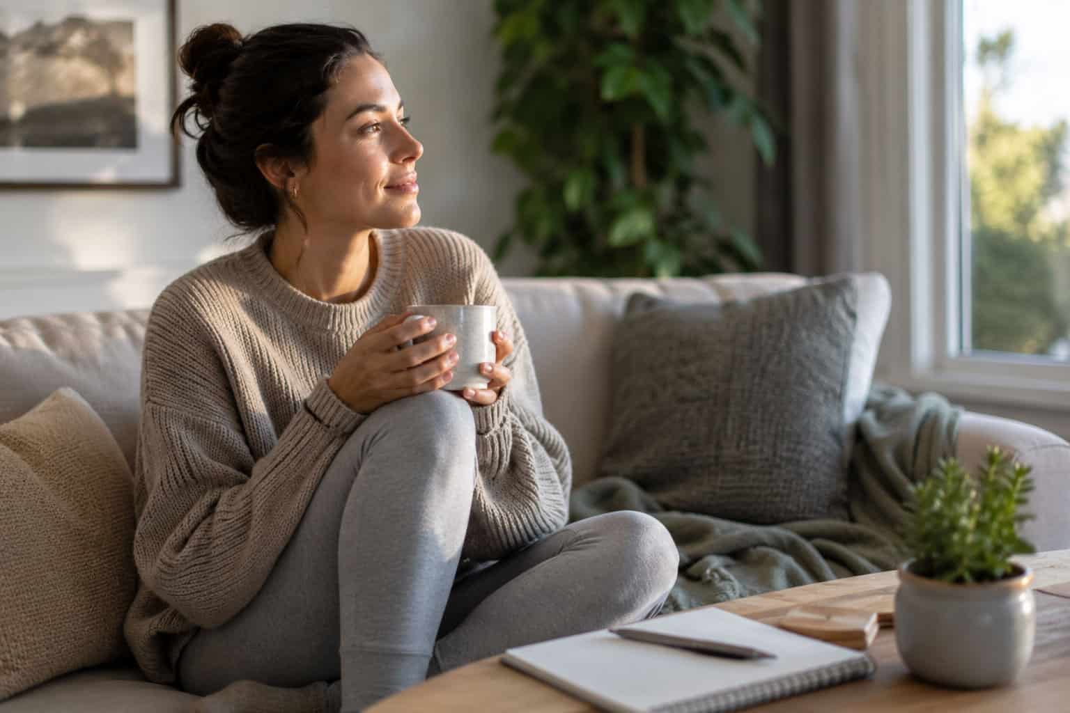A woman pauses with a cup of tea at home, reflecting quietly before discussing a mental health care plan with her GP.