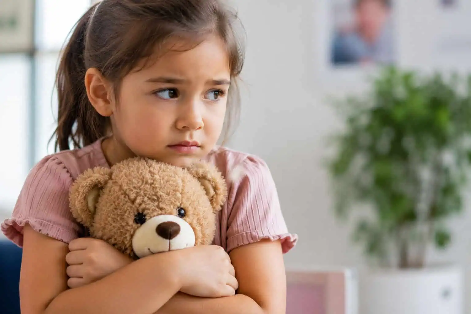 Young girl hugging her teddy bear with a worried expression while waiting at the GP, illustrating how to help prepare children for vaccinations.