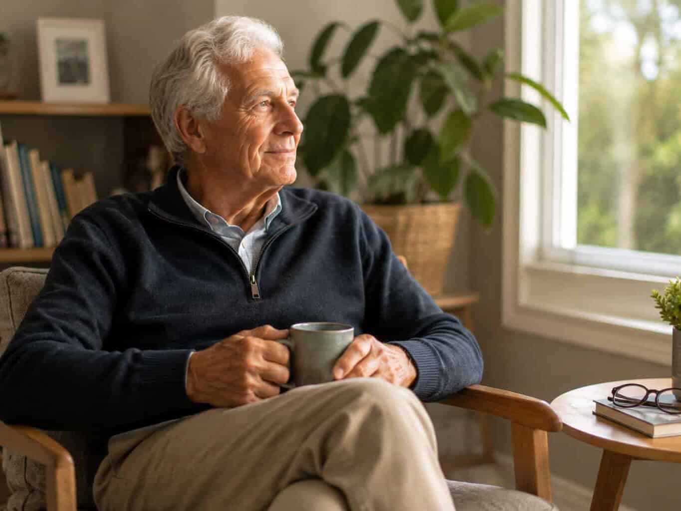Senior man in his 70s relaxing at home, reflecting the calm reassurance of an over 75 health assessment with his GP.