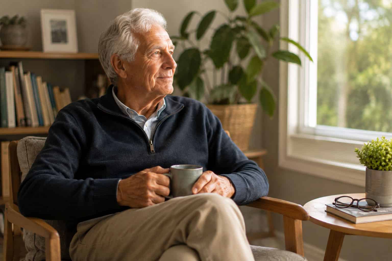 Senior man in his 70s relaxing at home, reflecting the calm reassurance of an over 75 health assessment with his GP.