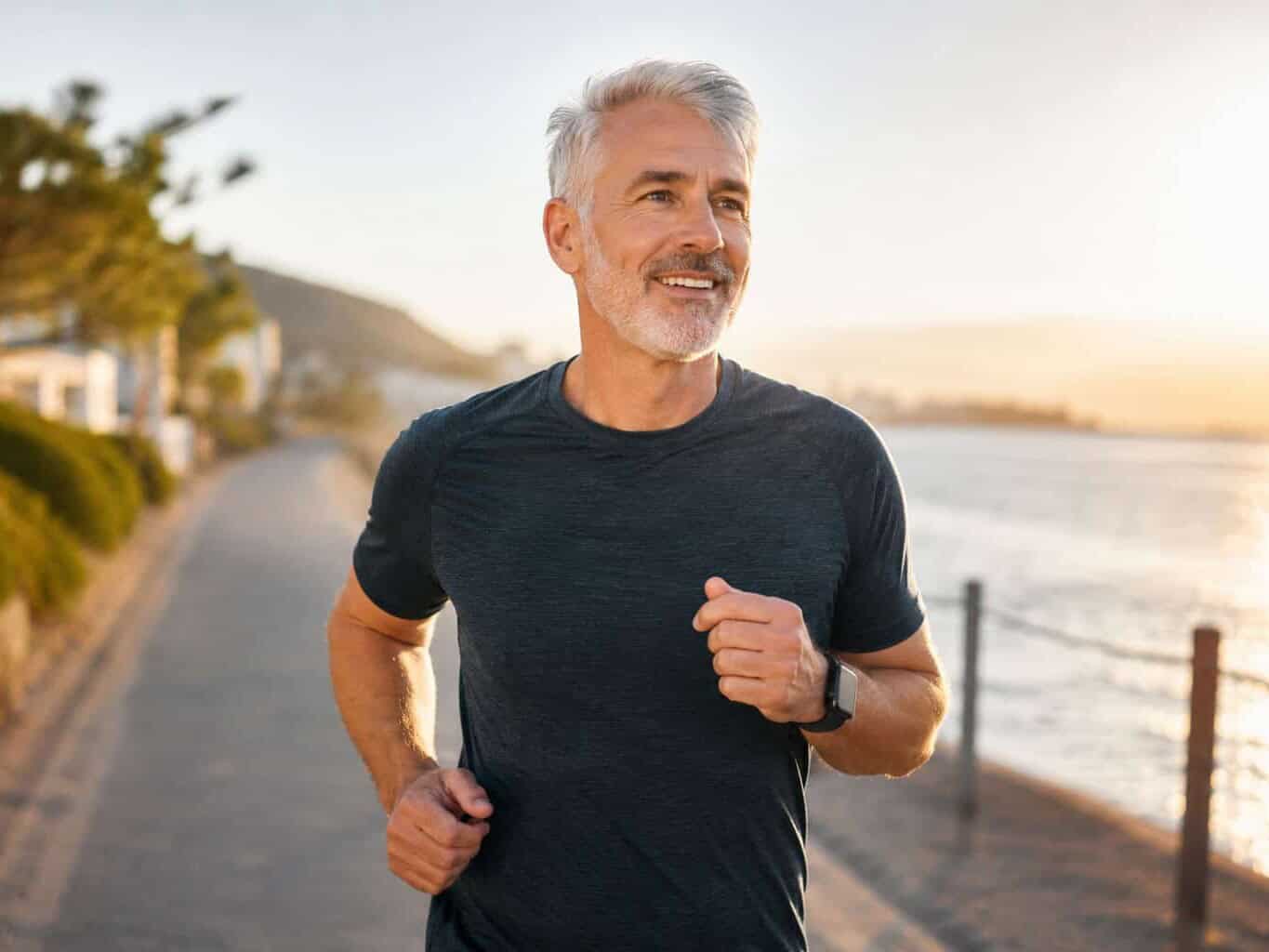 Older man jogging along a coastal path at sunrise while wearing a fitness smartwatch, representing heart health monitoring ahead of an ECG.