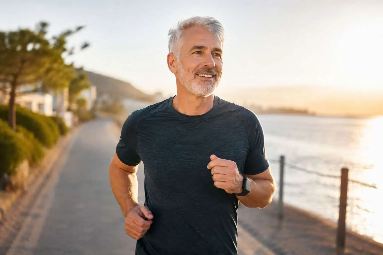 Older man jogging along a coastal path at sunrise while wearing a fitness smartwatch, representing heart health monitoring ahead of an ECG.