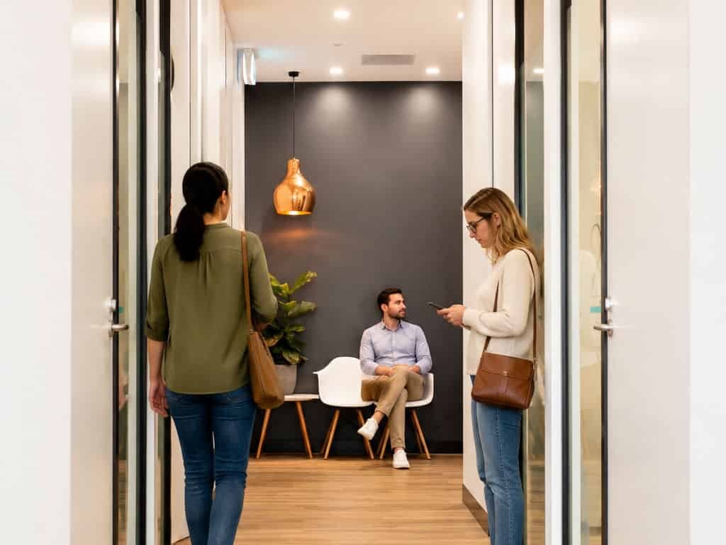 A bright corridor leading to consulting rooms at Shire Family Medical, with a patient walking toward an appointment and others seated nearby in a quiet waiting nook.