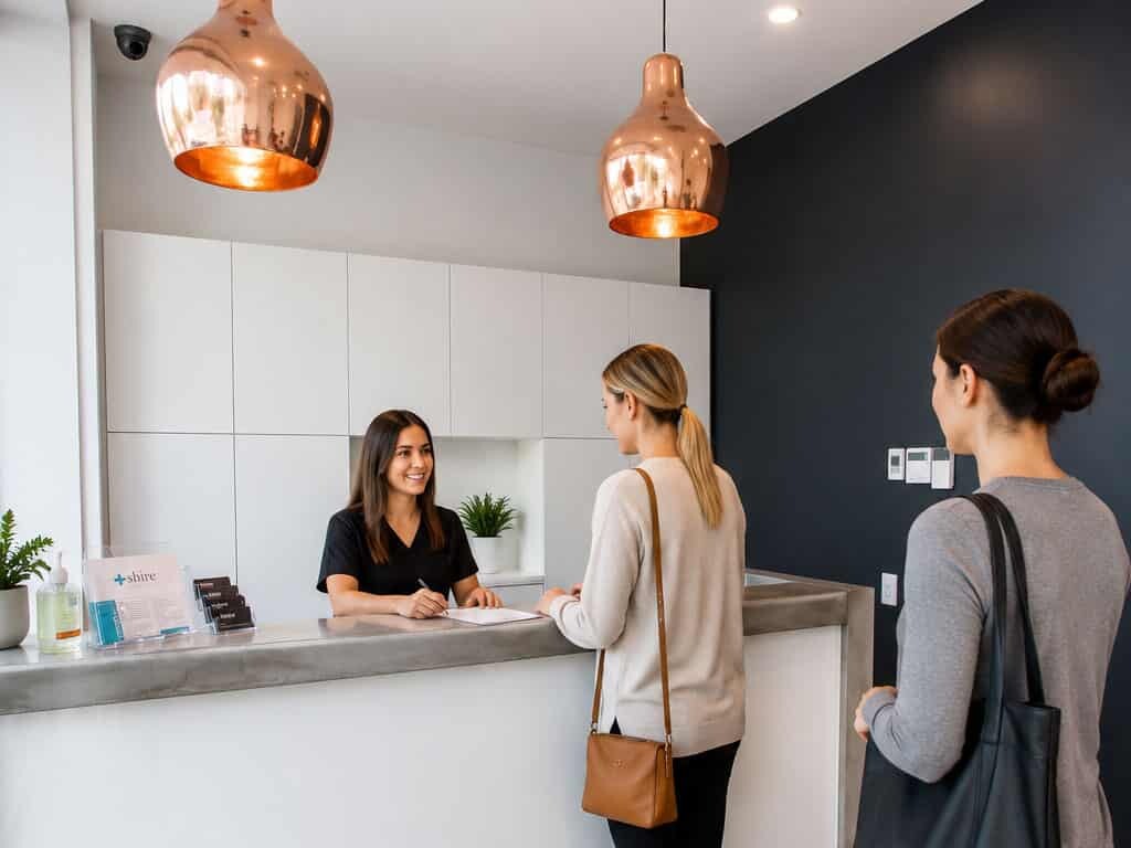 A receptionist greets patients at the front desk of Shire Family Medical, set in a bright, modern waiting area with copper pendant lighting and timber flooring.