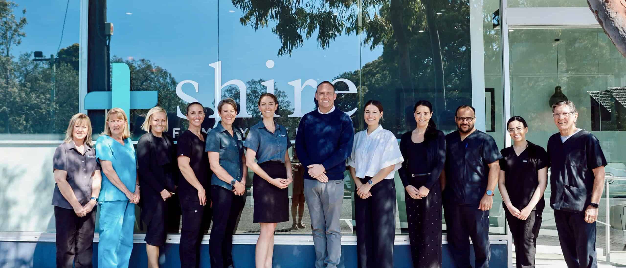 Team photo of doctors, nurses and staff outside Shire Family Medical, Sutherland