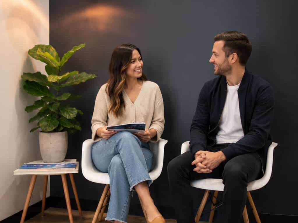 Two patients chatting and smiling while seated in a stylish waiting nook at Shire Family Medical, with copper pendant lighting, a potted plant, and timber flooring.