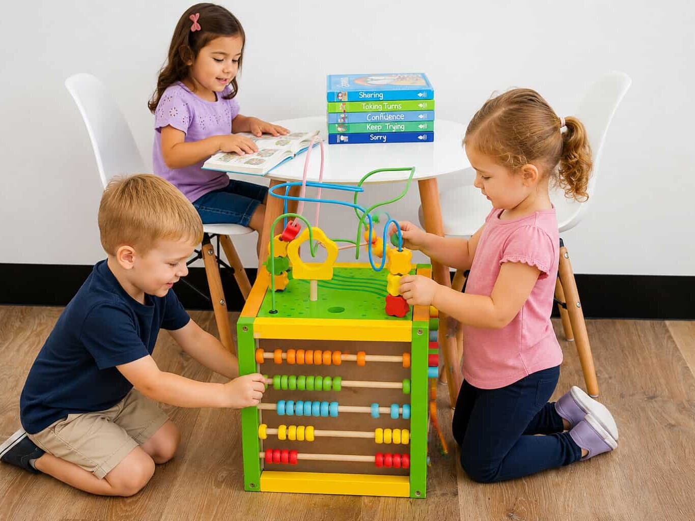 The children's play corner in the waiting area at Shire Family Medical, featuring a wooden bead maze activity table and storybooks for young patients.