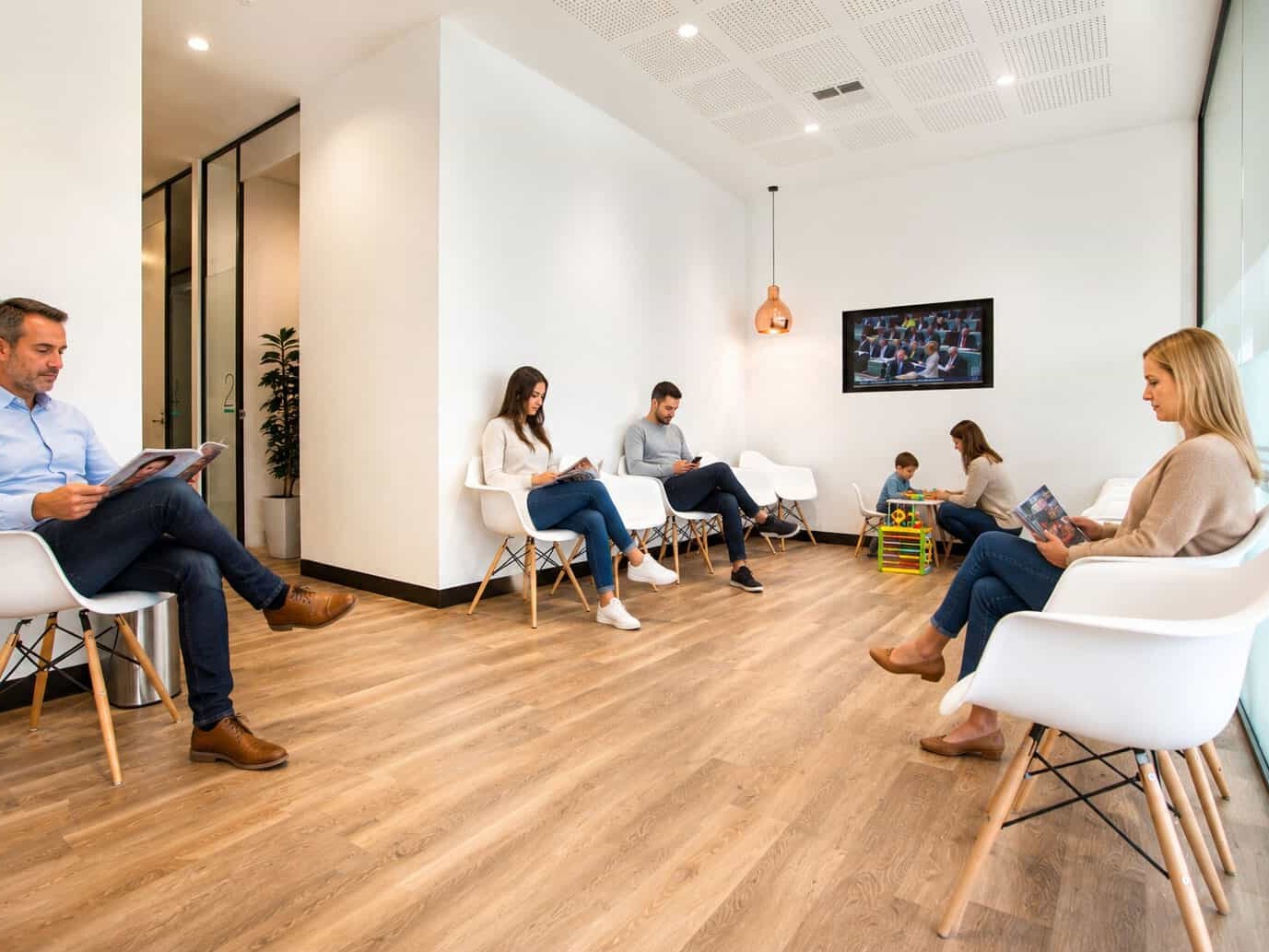 A bright, spacious waiting room at Shire Family Medical with comfortable seating, a children's play corner, and a wall-mounted TV, with patients reading and relaxing before their appointments.