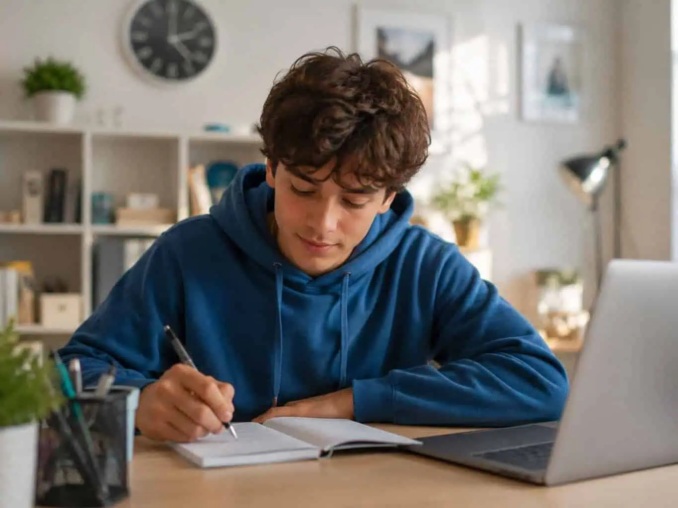 Teenage boy focused on writing in a notebook at his desk, representing the routine and concentration that ADHD medication can support.