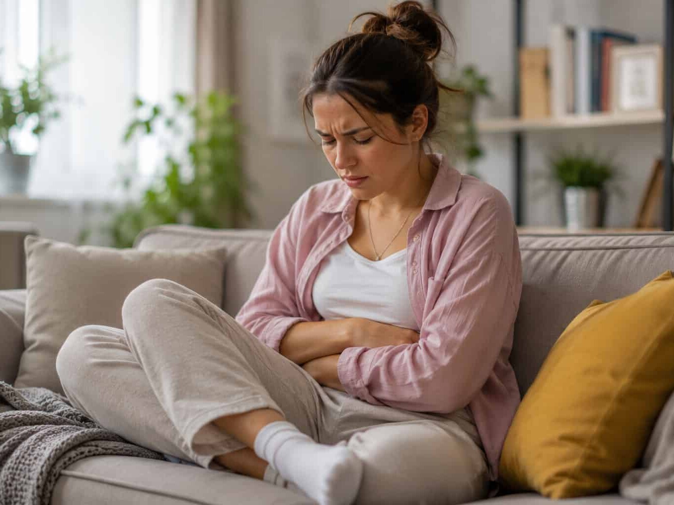 Woman sitting on the couch holding her stomach in discomfort, representing period pain and when heavy periods may need a GP visit.