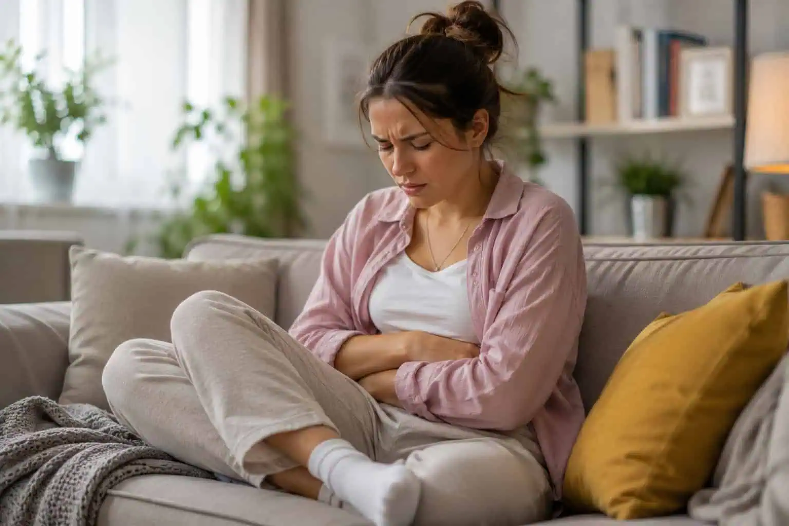 Woman sitting on the couch holding her stomach in discomfort, representing period pain and when heavy periods may need a GP visit.