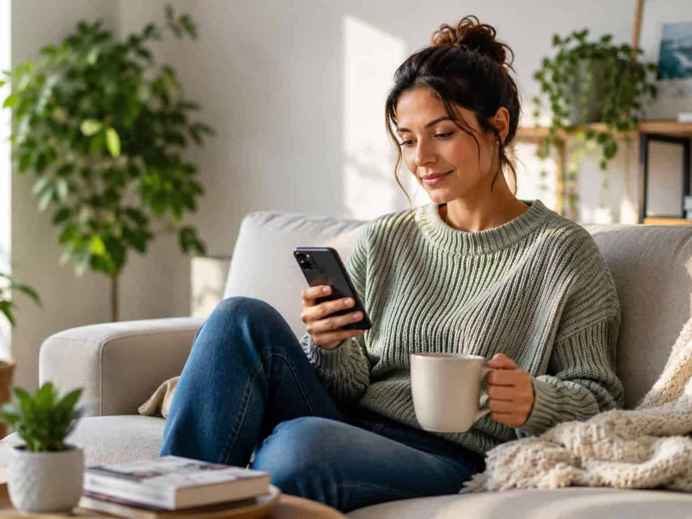 Woman relaxing on the couch checking her blood test results on her phone, illustrating what happens after a blood test in Australia.