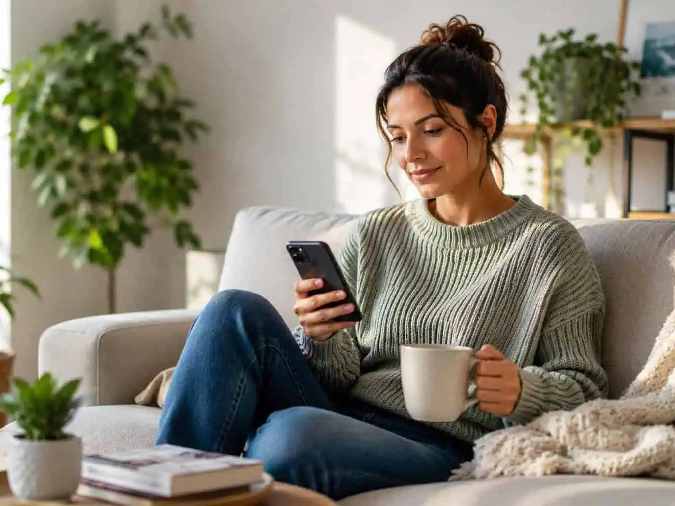 Woman relaxing on the couch checking her blood test results on her phone, illustrating what happens after a blood test in Australia.