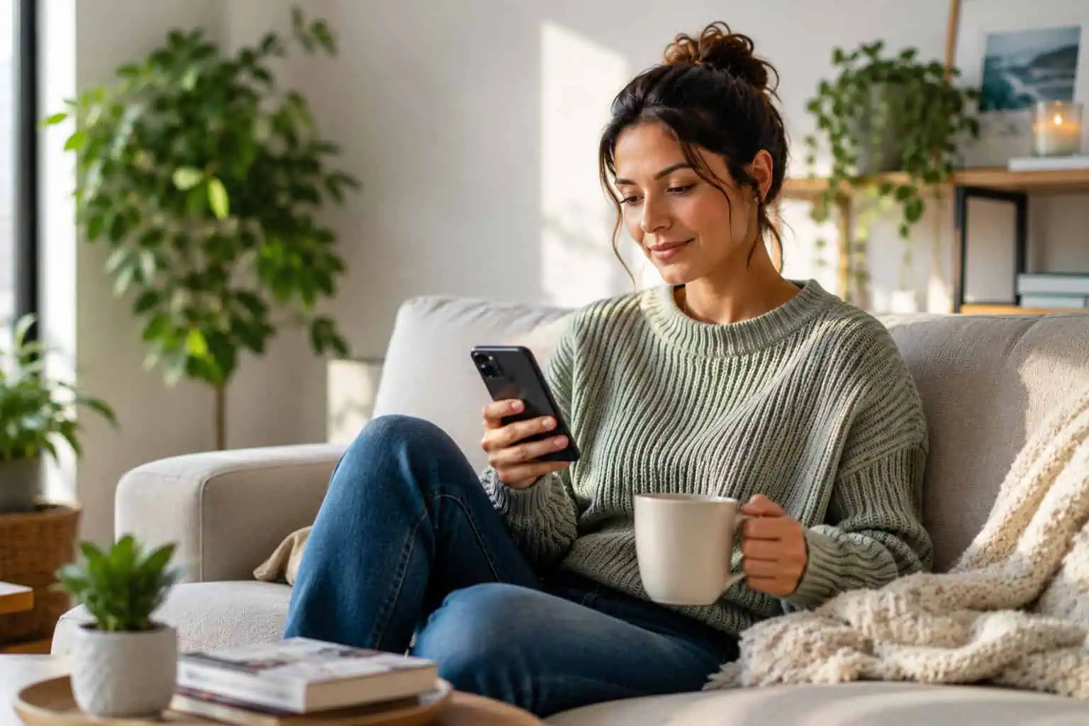 Woman relaxing on the couch checking her blood test results on her phone, illustrating what happens after a blood test in Australia.