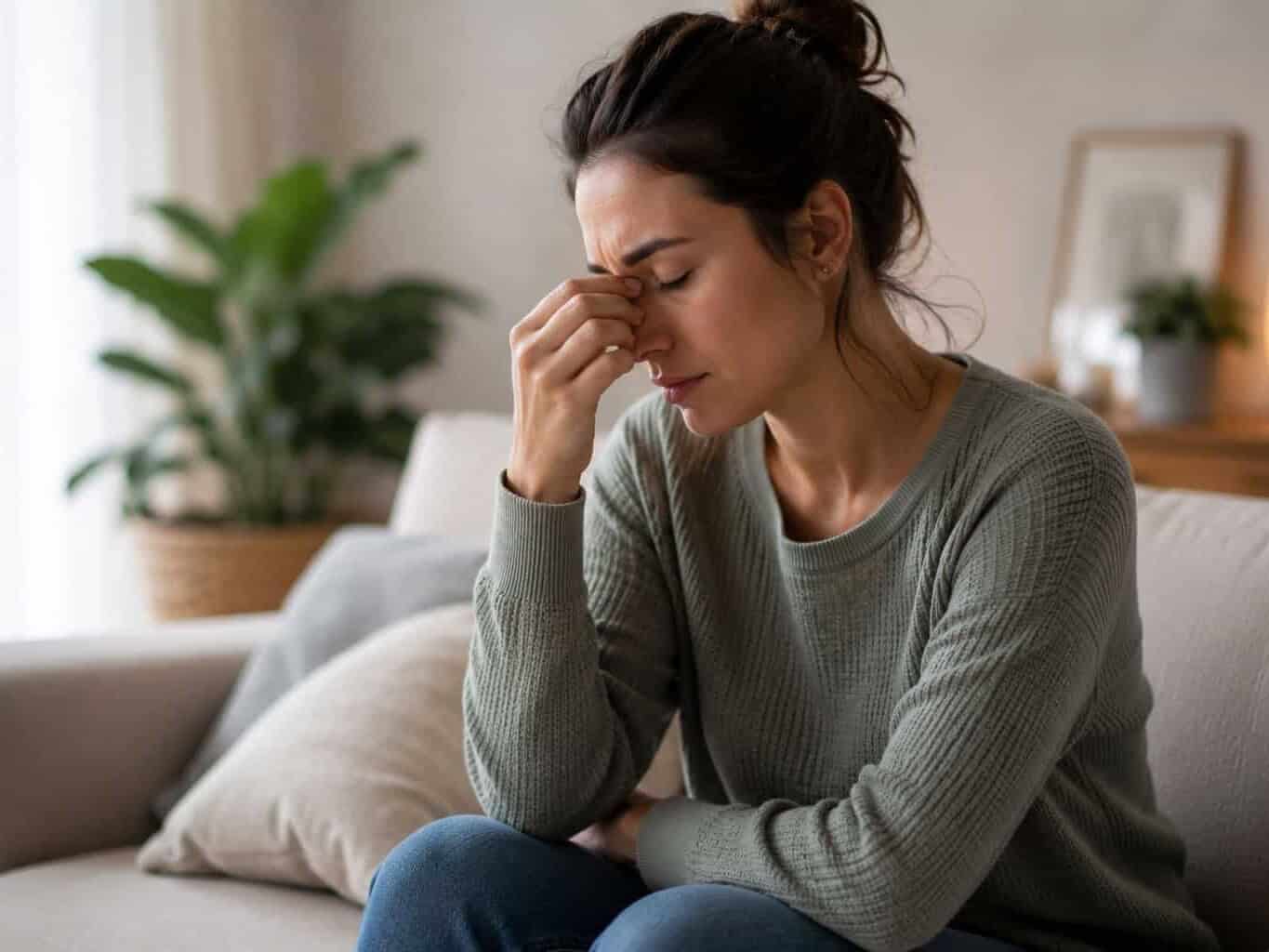 A woman sitting on a couch pressing her fingers to her nose bridge, showing the fatigue and headache that are common iron deficiency symptoms.
