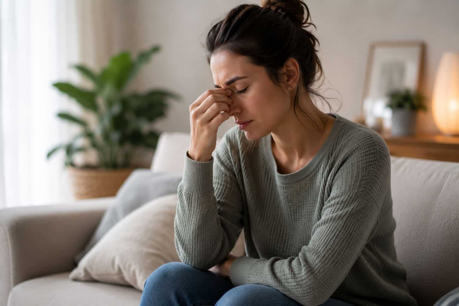 A woman sitting on a couch pressing her fingers to her nose bridge, showing the fatigue and headache that are common iron deficiency symptoms.