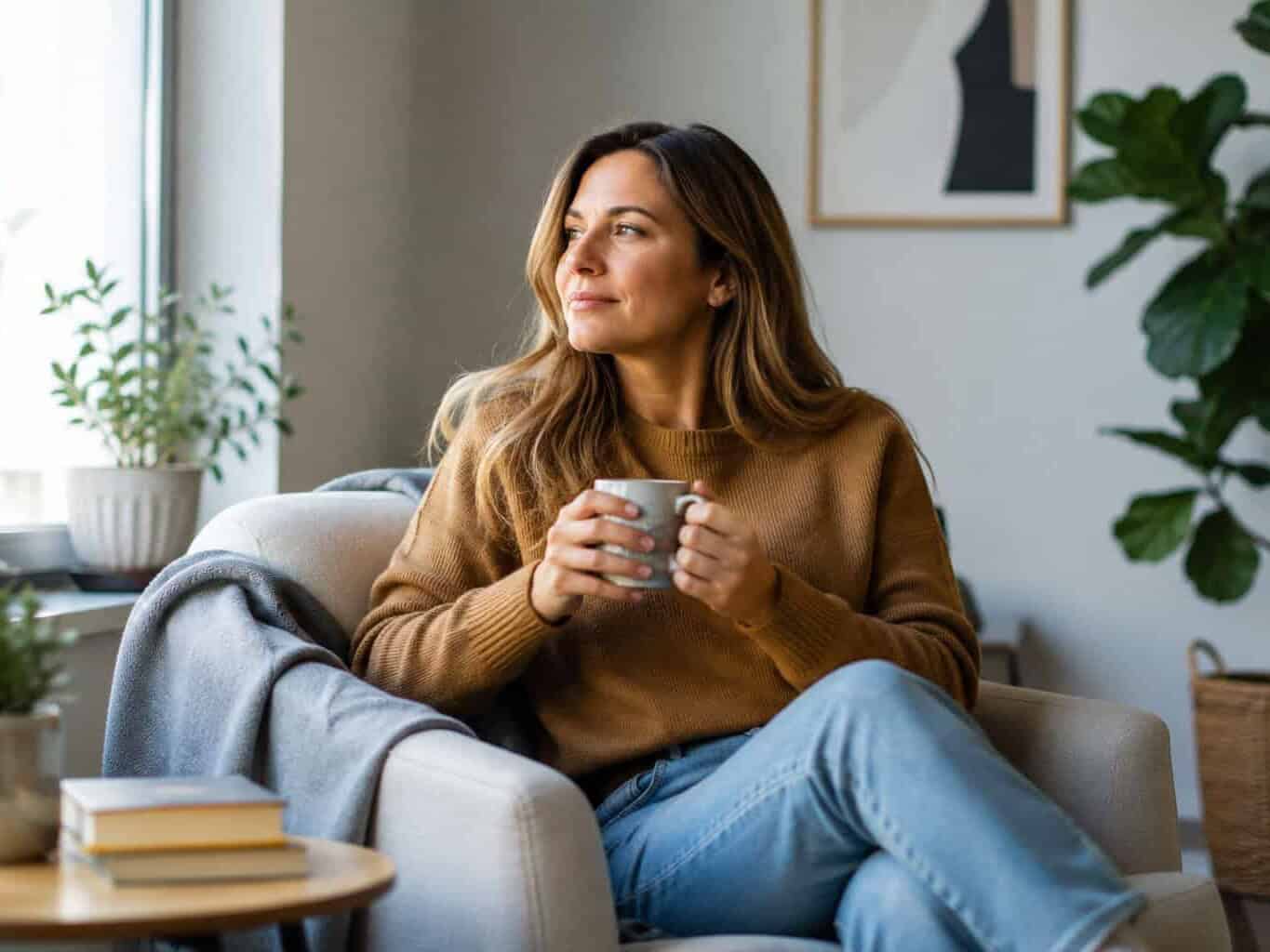 Woman relaxing comfortably in an armchair with a warm drink, representing the calm recovery period after an iron infusion.