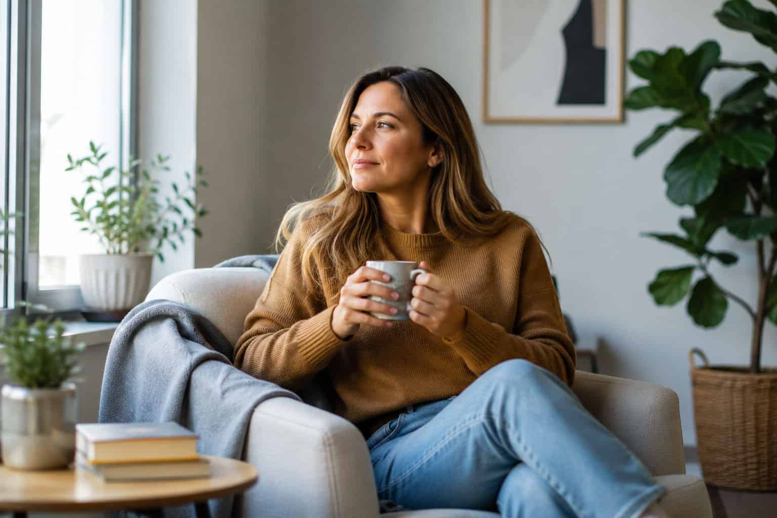 Woman relaxing comfortably in an armchair with a warm drink, representing the calm recovery period after an iron infusion.