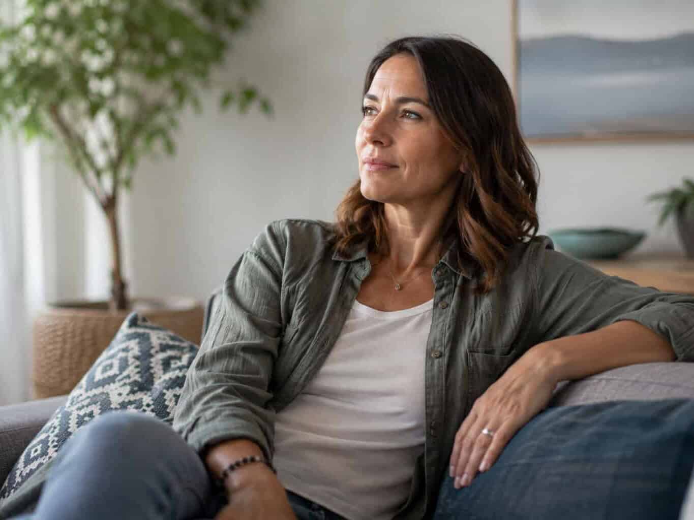 Relaxed woman sitting on the couch looking thoughtfully out the window, representing consideration of iron infusion costs in Australia.